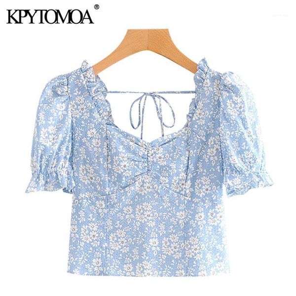 

kpytomoa women 2021 fashion floral print ruffled cropped blouses vintage short sleeve back elastic female shirts chic 1, White