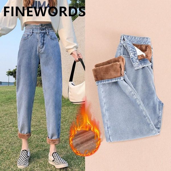 

women's jeans fiords winter thicken fleece boyfriend for women warm high waist harem boot cut vintage casual velvet mom, Blue