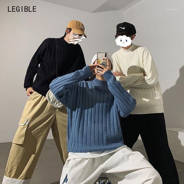 

legible autumn winter sweater men loose solid mens sweater causal pullover men mock neck collar couple1, White;black