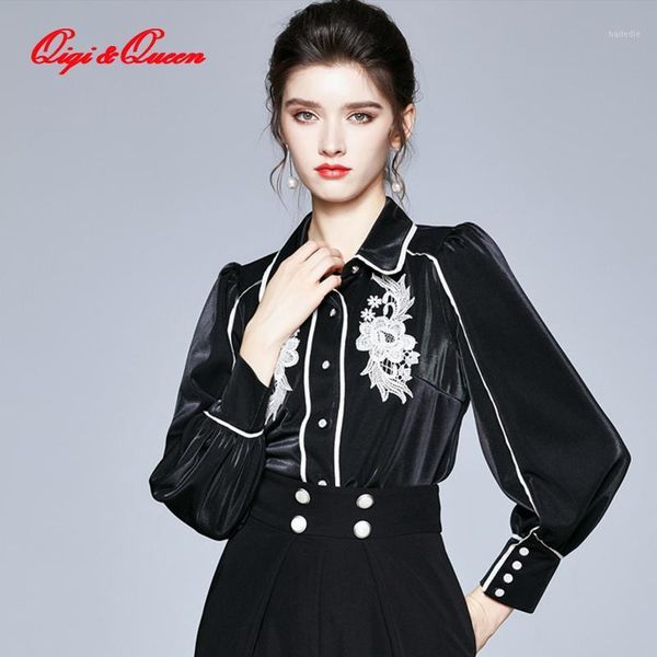 

qiqi&queen office lady blusa turn-down collar vintage applique elegant black women blouses long sleeve casual shirts 20201, White