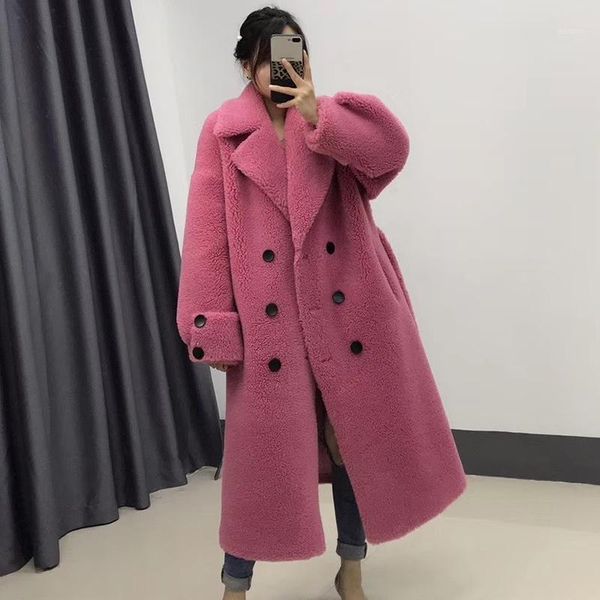 

nature wool fur jacket suit collar double-breasted belt women sheep fur long big lapel teddy coat 110cm loose coat1, Black