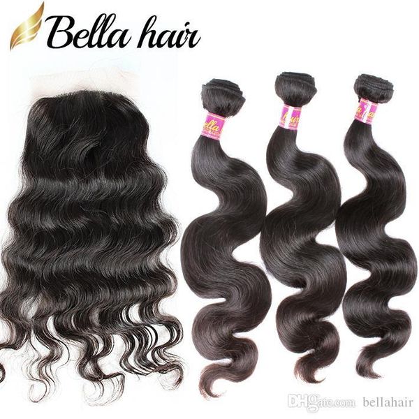 

4x4 silk base lace closure with hair bundles brazilian virgin hair closure body wave human hair weft extension natural color 4pc lot, Black