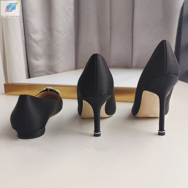 

red sole black satin cloth rhinestones high woman pumps basic 2021 diamond heels work fashion party women shoes