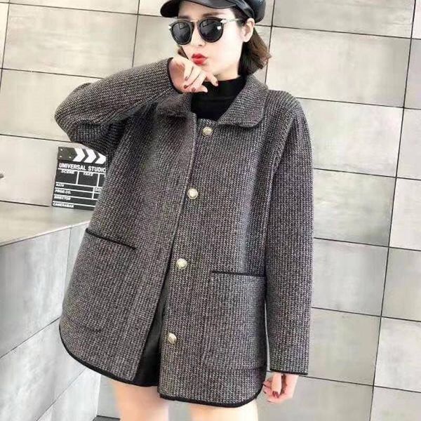 

women 2020 spring autumn new fashion korean style plaid knit wool blends coat female fleece faux mink loose overcoat casaco k142, Black