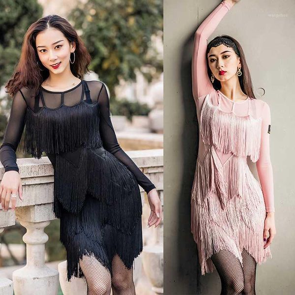 

fluttering fringe dress for women latin dance dress black long sleeves clothing new competition dresses latin rumba party outfit1, Black;red