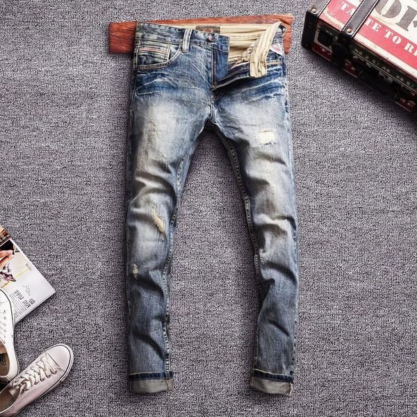 

fashion classical men jeans slim fit cotton denim pants hombre vintage ripped jeans for men streetwear hip hop homme1, Blue