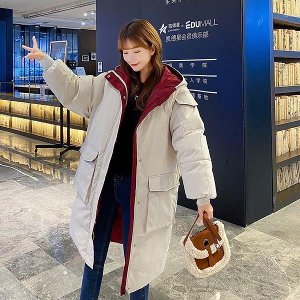 

fnoce 2020 winter women's down cotton jacket young fashion casual solid long sleeve hooded loose thick warm long cotton coat1, Black