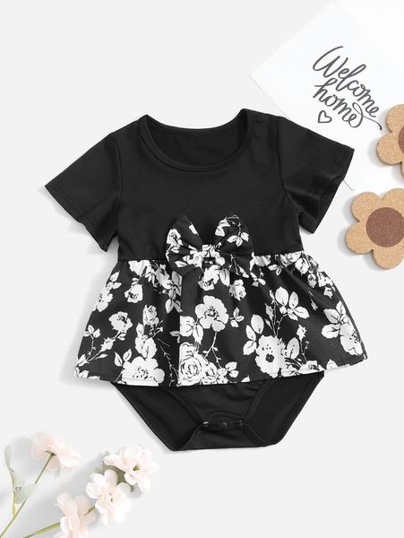 

baby 1pc floral print bow front combo bodysuit dress she, Red;yellow