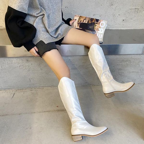 

new 2020 ins women white block high heels mid calf boots lady riding cowboy boots winter designer thigh high western shoes1, Black