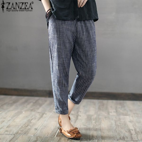 

5xl zanzea women harem pants striped high waist long casual loose trousers pockets work femme pantalon streetwear plus size y200418, Black;white