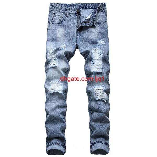 

new men's jeans slim straight hole wear blue large men's trousers