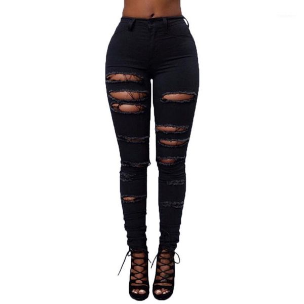 

skinny jeans women denim mid waisted destroyed skinny hole denim jeans stretch slim pencil pants calf length ripped1, Blue