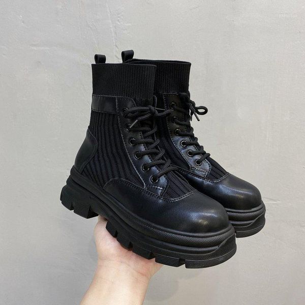 

boots fashion women high heels platform ankle thick sole knitting elastic sock autumn lace up shoes drop womens1, Black