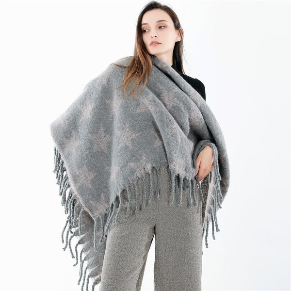 

new autumn and winter cross-border spot for european and american style fashion star pattern thickening warm shawl fringed scarves, Blue;gray