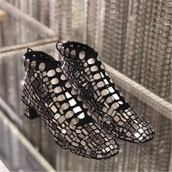 

lace up short boots women fashion designer mixed color botas mujer invierno square toe runway shoes women brand ankle boots 20211, Black