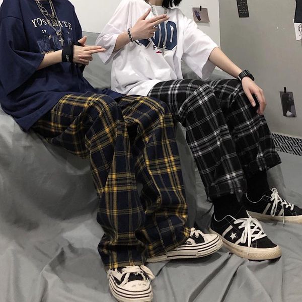

men's pants 2021 vintage hip hop jogging homme pantalon harajuku high waist loose plaid streetwear plus size trousers men, Black
