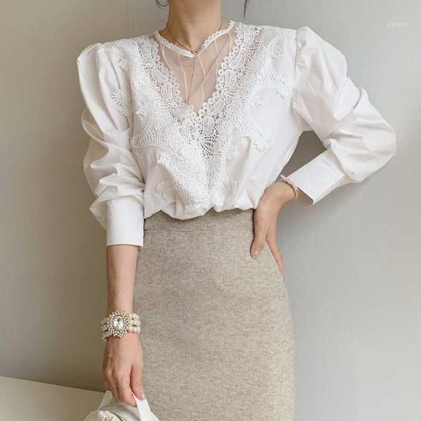 

2020 autumn new fashion round neck long sleeve shirt lace trimmed lantern sleeve blouse1, White