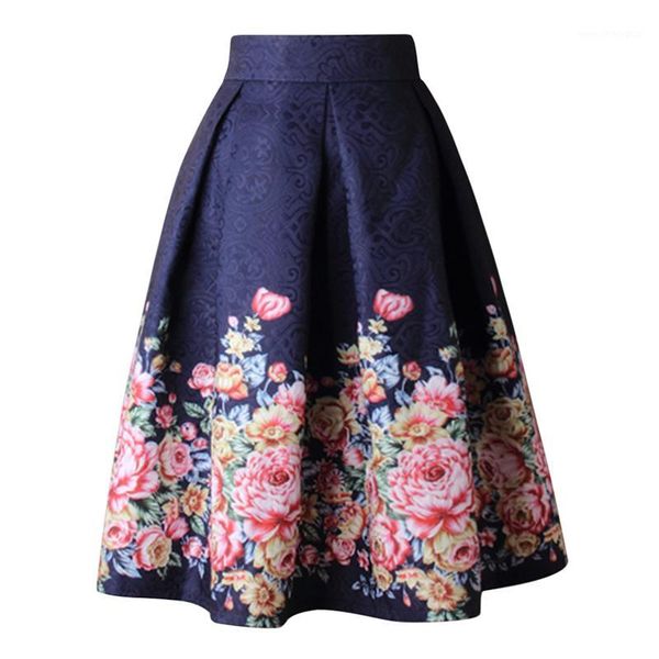 

skirts ladies blue flower print pleated ball gown skater midi womens vintage floral high waist saias 2021 summer women skirt1, Black