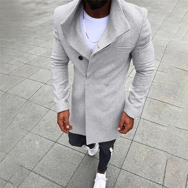 

nice autumn coat men long trench coat men fashion mens button solid color long sleeved windbreaker wool, Black