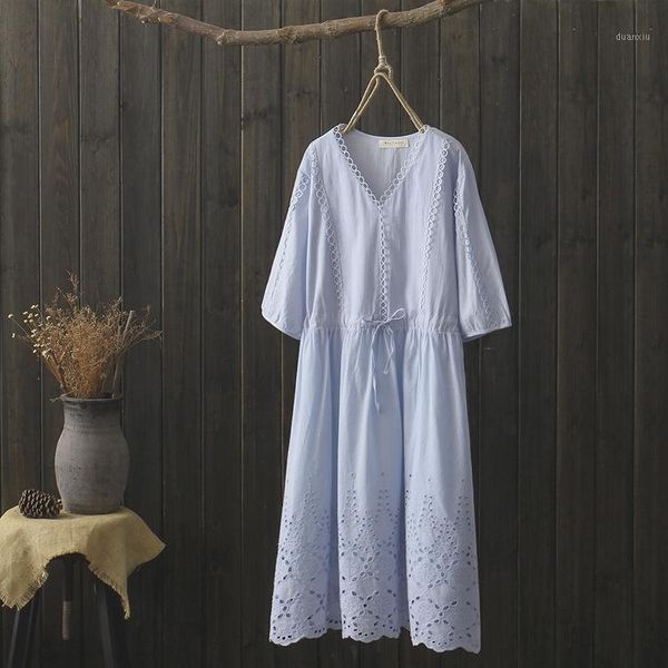 

kyqiao boho dress 2020 women summer autumn japanese style ethnic bohemian v neck embroidery blue red white dress vestidos1, Black;gray