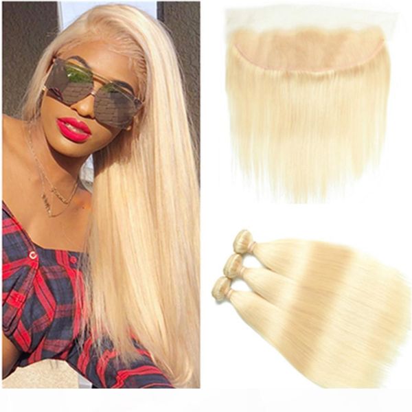 

blonde peruvian human hair straight weaves 3bundles with frontal closure #613 bleach blonde hair bundles with full lace closure 13x4, Black;brown