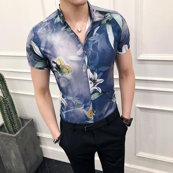 

Summer Men Shirts Designer Print Short Sleeve Casual Slim Fit Dress Shirts Streetwear Social Tuxedo Hawaii Male Clothing, White;black