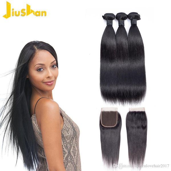 

bundles with closure brazilian straight hair weave 3 bundles with closure human hair weave bundles with closure non remy, Black;brown