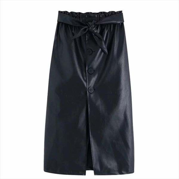 

женщины моды лук связали украшения кожа pu прямая юбка faldas mujer дамы упругие кнопки талии chic миди юбки qun520, Black