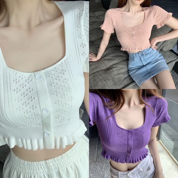 

zwoug french square navel-exposed knitwear short-sleeved ice silk pullover ear-sideclose-fitting short skirt knitwear wooden collar shor, White;black