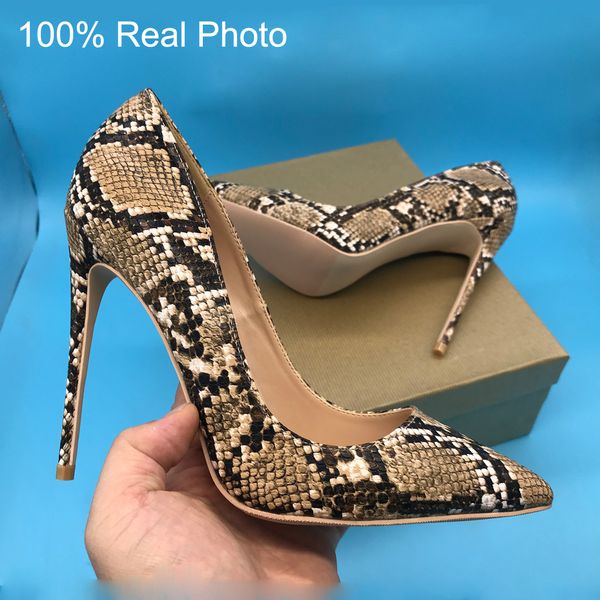 

luxury snake skin printing women high heels python pattern pointed toe dress shoes lj201112, Black