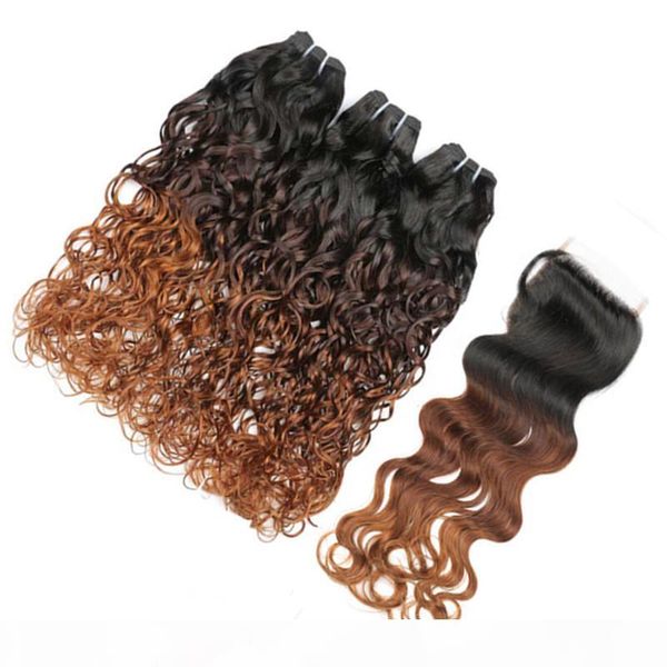 

three tone #1b 4 30 ombre malaysian wet and wavy human hair weave bundles with lace closure medium auburn ombre virgin hair extensions, Black;brown