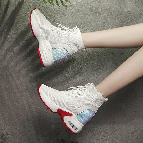 

women ankle boots lace-up ladies round toe increased internal shoes woman stretch socking boots wedges high heel shoes, Black