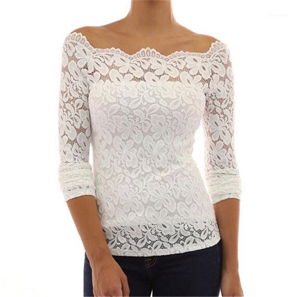 

autumn blouses shirt women off shoulder slash neck lace crochet shirts long sleeve slim casual shirt blousa1, White