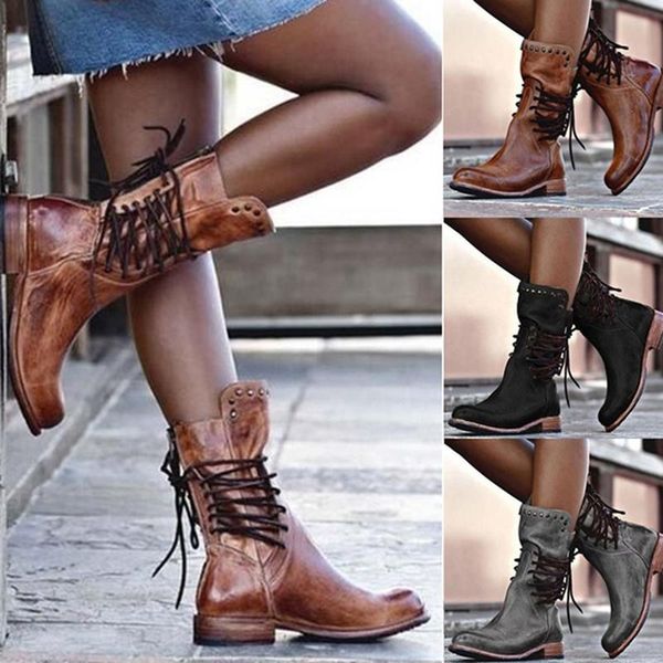

boots women leather mid calf retro punk lace-up low heels autumn winter motorcycle vintage round toe cowboy western, Black