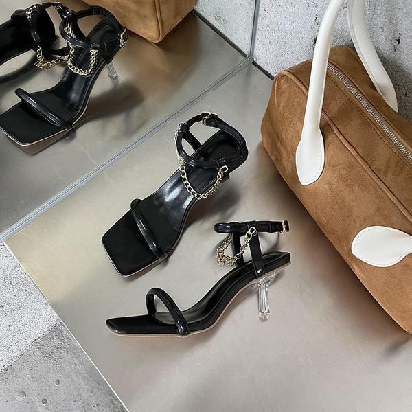 

sandals fashion women open toe dress shoes clear thin high heels metal chain slides buckle strap party pumps size 35-39, Black