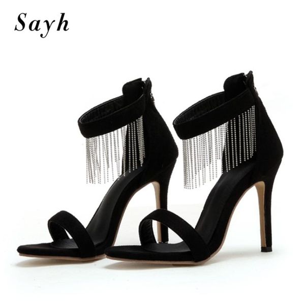

sandals fashion women fringe tassel rhinestones pumps stripper runway peep toe shoes summer cross strap stiletto, Black