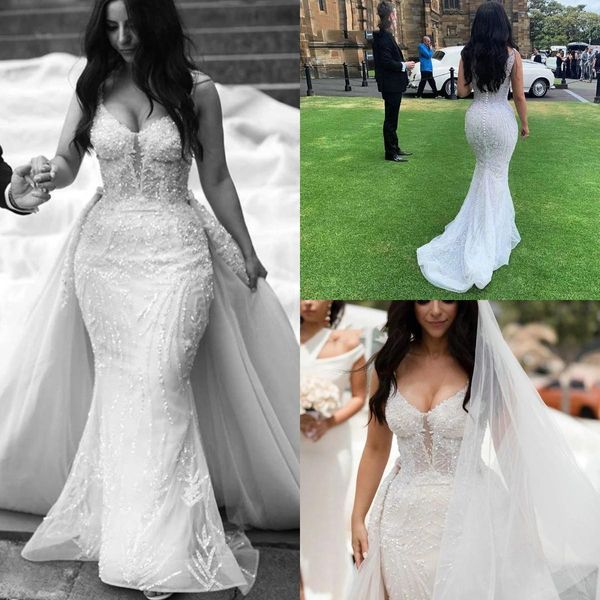 

sparkly beading lace mermaid wedding dress detachable train 2022 luxury heavy beaded v neck applique bridal gown robe de mariÃ©e, White