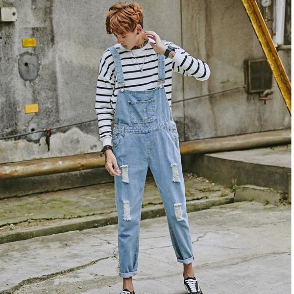 

men's light blue snow washed denim bib overalls casual hole ripped suspenders jumpsuits cargo torn jeans plus size 4xl a9231