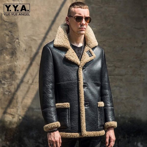

vintage mens winter real fur natural shearling jacket wool lining sheepskin genuine leather coat flight overcoat 6xl, Black