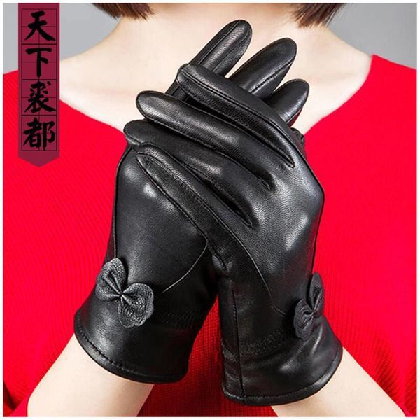 

new arrival women real sheepskin leather gloves bow solid color soft warm female genuine sheep leather glove winter autumn, Blue;gray