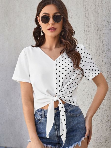 

polka dot print knot hem blouse 38zo#, White