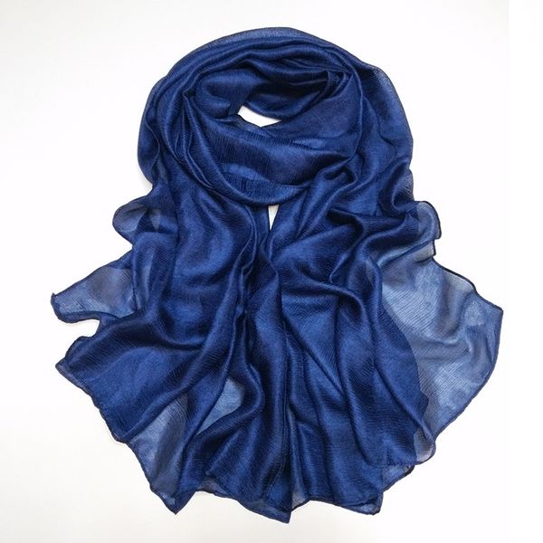 Neue Mode Plain Navy Blau Seide Schal Frauen 100% Natürliche Leinen Weiche Hijabs und Schals Wrap Foulards Muslim Snood 180*90 cm Y201007