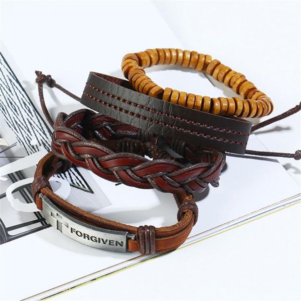 

новая мода в стиле ретро 4шт наборы charm деревянные бусы кожаные мужские браслеты для женщин femme homme мужской ювелирные изделия wmtwhe o, Golden;silver