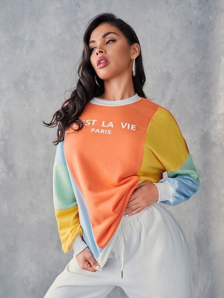 

letter print colorblock drop shoulder pullover s7yq#, White;black