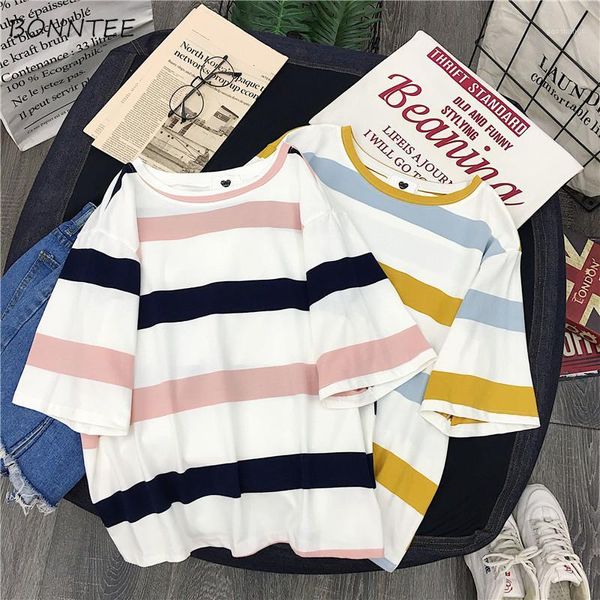 

t-shirts women striped trendy students korean style o-neck clothing womens summer 2020 chic loose all-match ladies t-shirt daily1, White