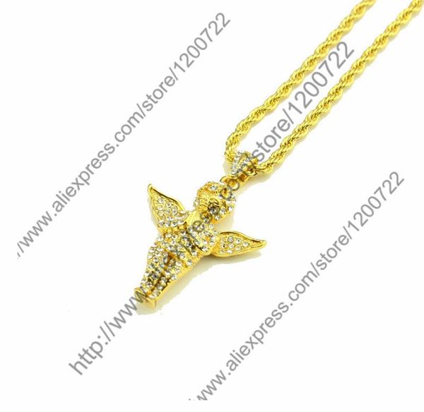 

mens vintage angel wing pendant chain 14k gold plated iced out pendant necklace 24 inch long box chain, Silver