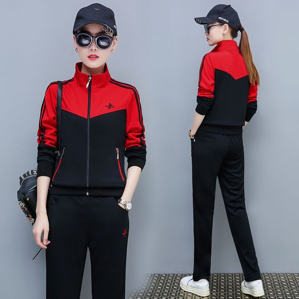 Casual Terno Feminino 2020 Nova Versão Coreana Colares Sportswear Primavera Fino Amarelo e Red Jacket Calças Set Plus Size M-4XL BS5792 T200702