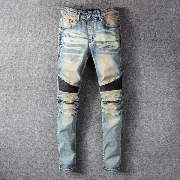 

fashion streetwear men jeans retro blue wash zipper spliced elastic hip hop jeans men cargo pants slim fit biker homme1