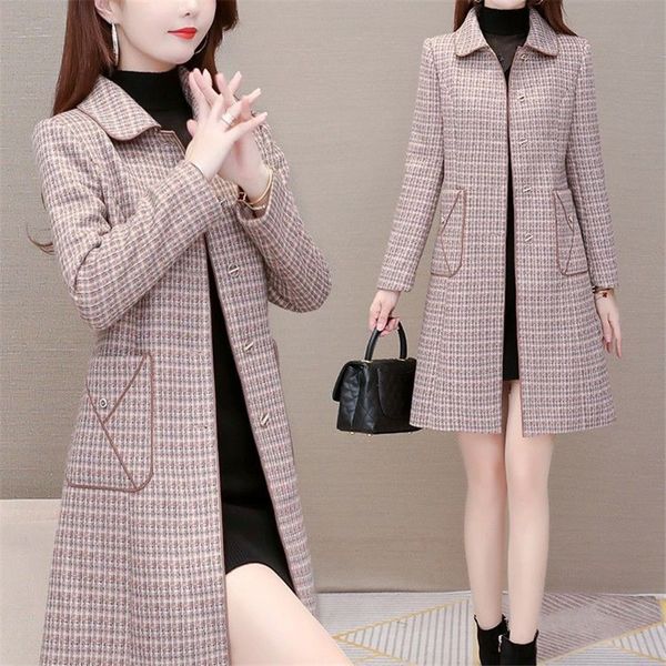 

2021 new plaid windbreaker in autumn winter mid-long large size temperament all-match slim coat version of jacket 5ed3, Black