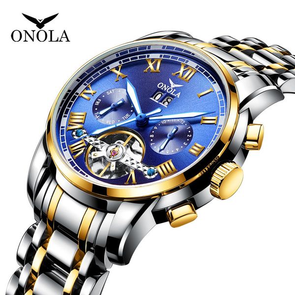

onola new business tourbillon hollow out automatic mechanical watch men's solid steel band waterproof watch men's, Slivery;brown